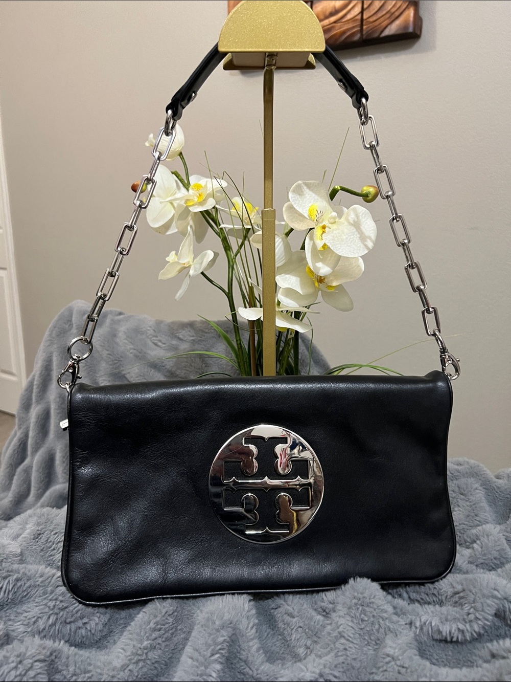 Tory Burch Reva Black Leather Foldover Shoulder / Clutch Bag EUC Retail $349